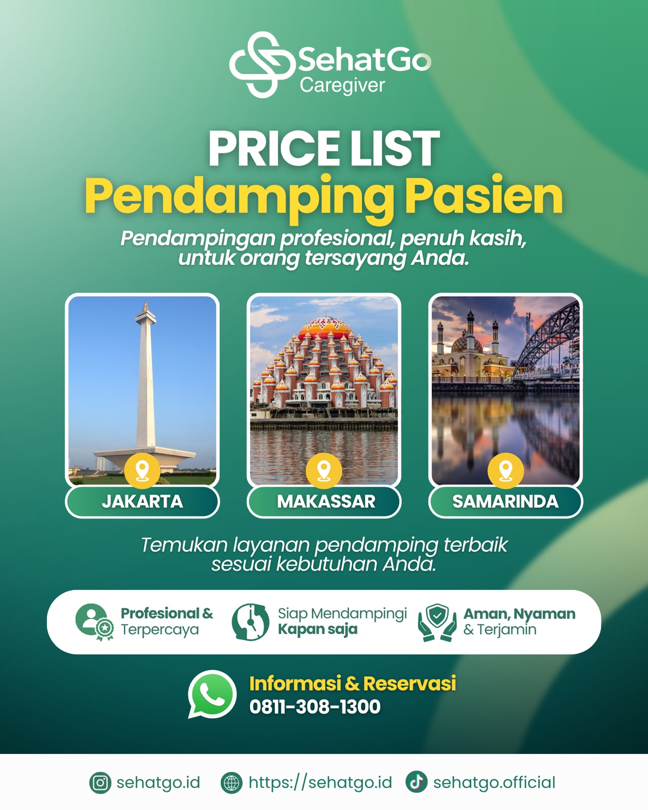 Poster tarif pendamping pasien SehatGo dengan beberapa pilihan kota layanan